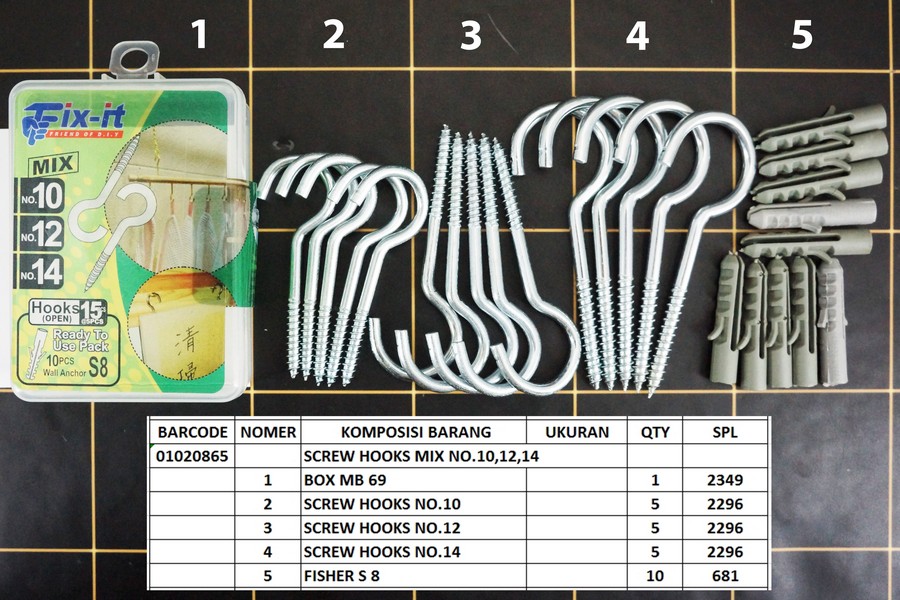 FIX-IT SCREW HOOKS MIX 15 Pcs, Sekrup Gantungan Campur 15 Pcs