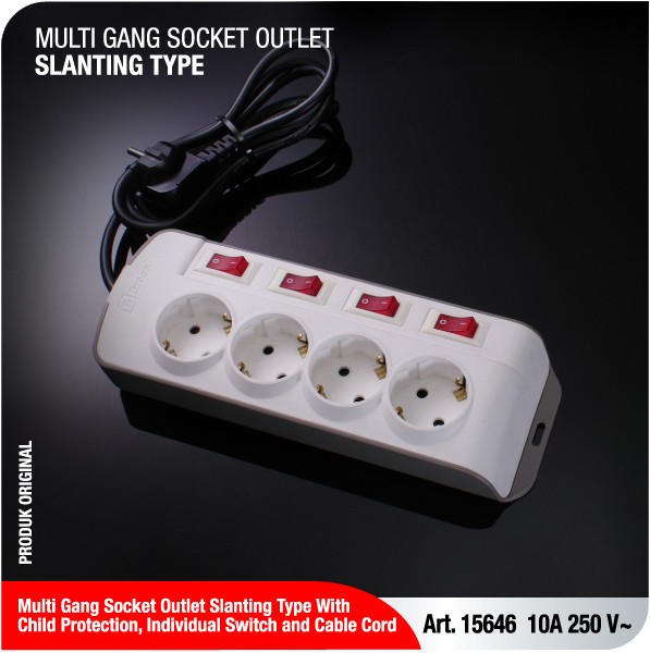 BROCO 15646 Stop Kontak 4 Lubang Miring + Switch  Kabel 1,5Meter