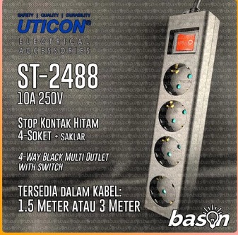 UTICON - Stop Kontak ST-2488 4 Lubang 3M Hitam