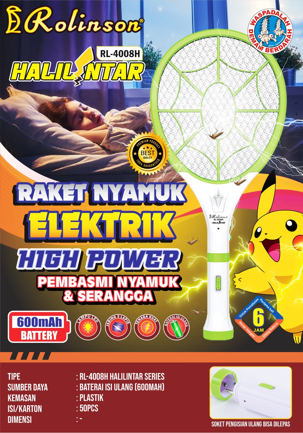 Raket Nyamuk Elektrik Rolinson Halilintar RL-4008H