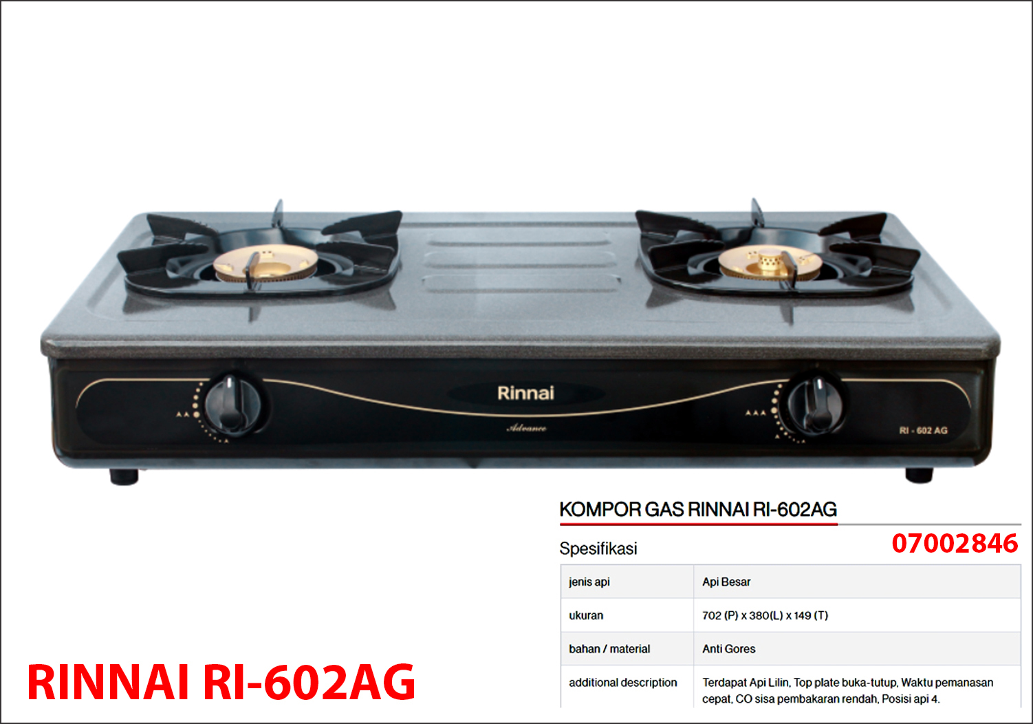 Kompor Gas Rinnai RI-602AG