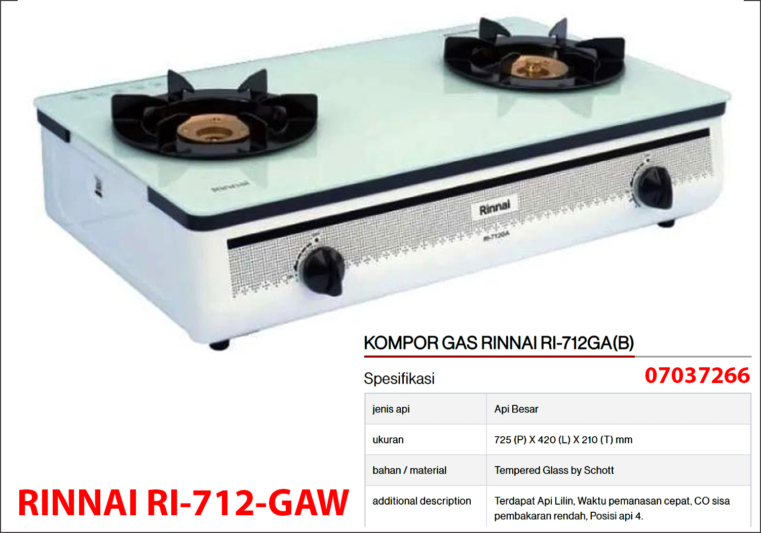 Kompor Gas Rinnai RI-712GAW-KC